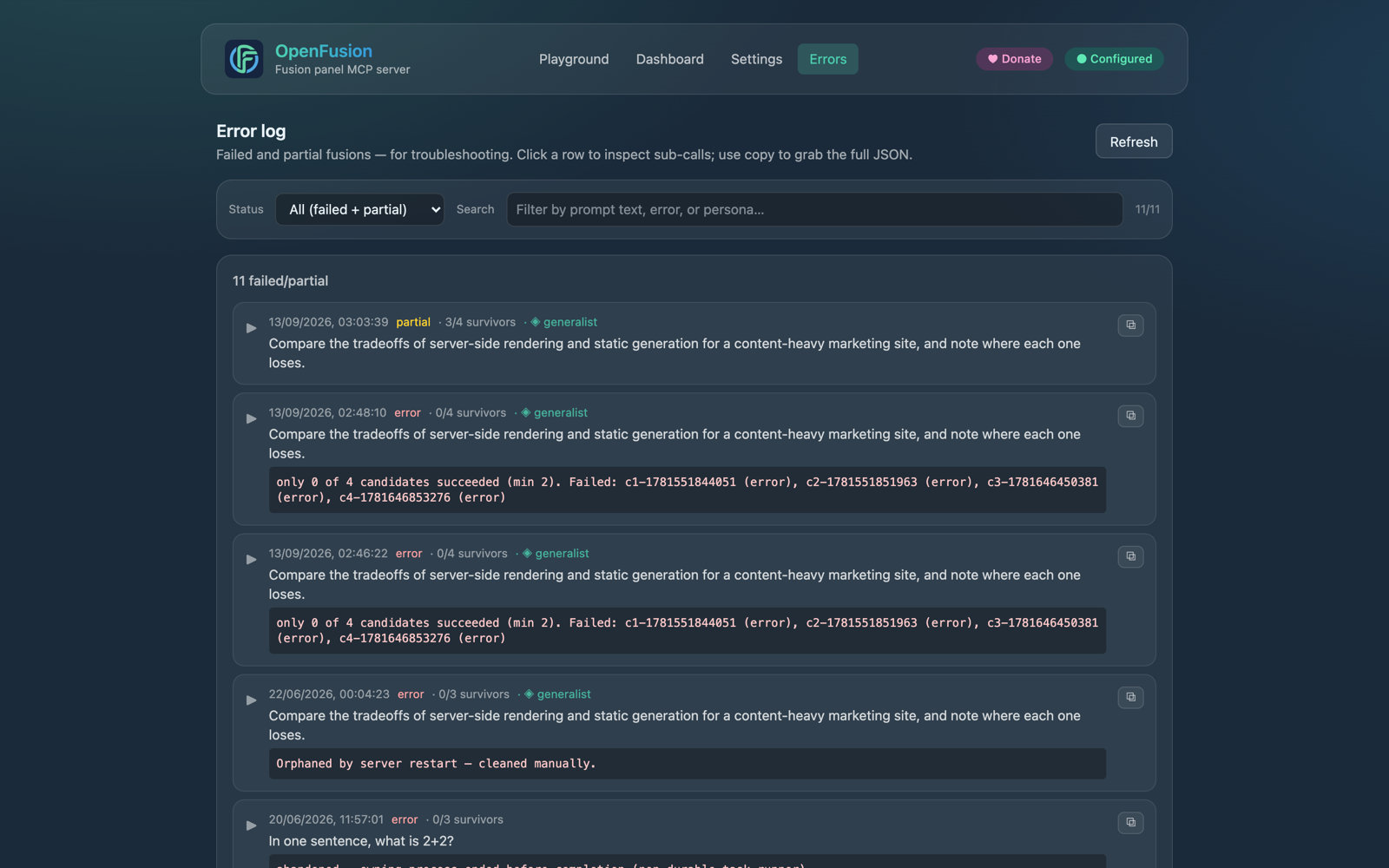 The error log — failed and partial fusions with their reasons