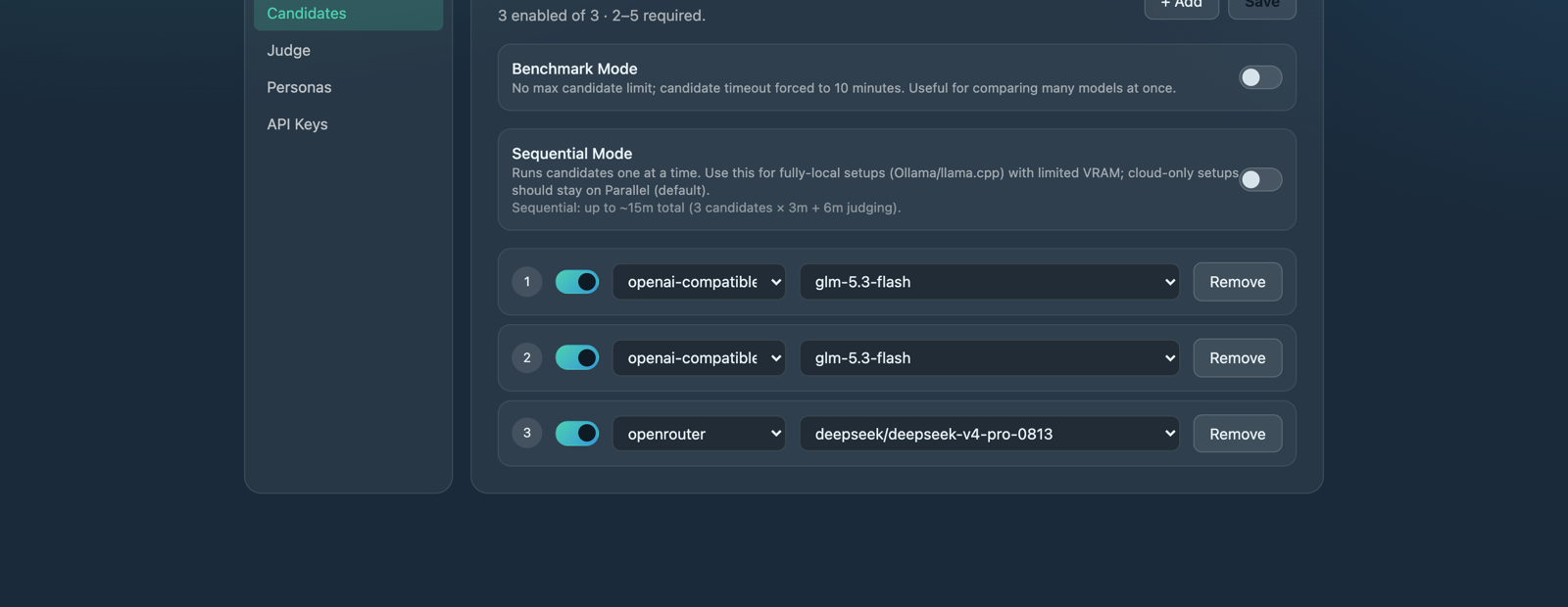 The Settings tab — candidate models, judge, personas, and API keys in one place